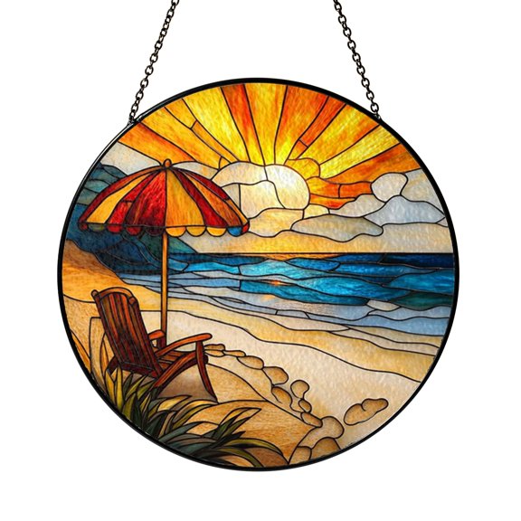 Beach Sunset Stained Glass Style Suncatcher Window Hanging Decor, Round Ocean Waves and Umbrella Glass Window Panel Art, Decorative Tropical Scene Window Ornament for Home