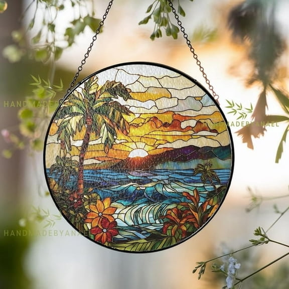 Beach Sunset Stained Glass Suncatcher Beach Sunrise Glass Window Hanging Sunset on the Beach Home Decor Beach Suncatcher Natural Lover Gift