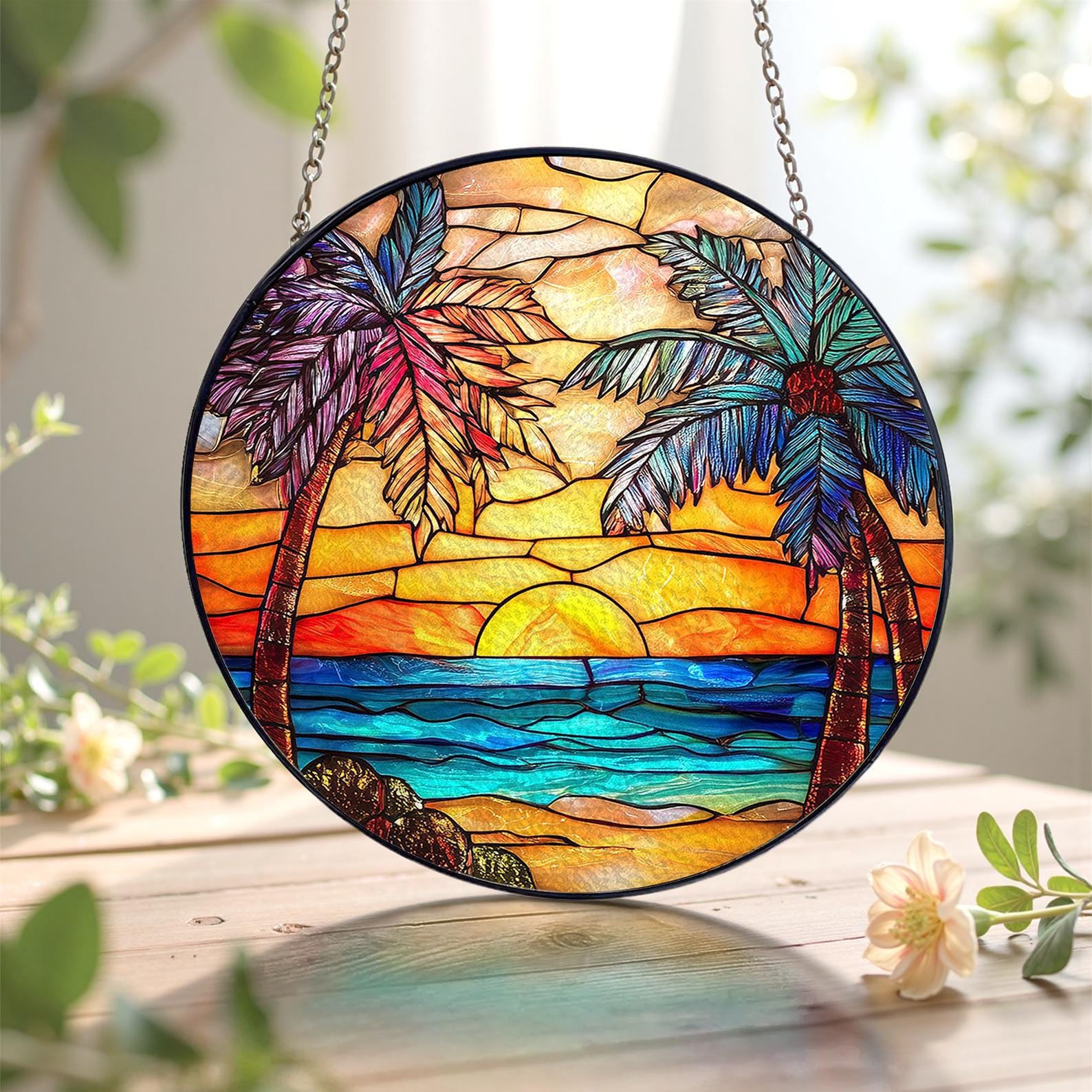 Beach Sunset Stained Glass Suncatcher Colorful Coastal Window Hanging ...