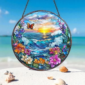 Beach Sunset Stained Glass Suncatcher Tropical Beach Window Hanging Beach Lover Decor, Sunrise Suncatcher, Coastal Glass Art ocean suncather, 3.5 in