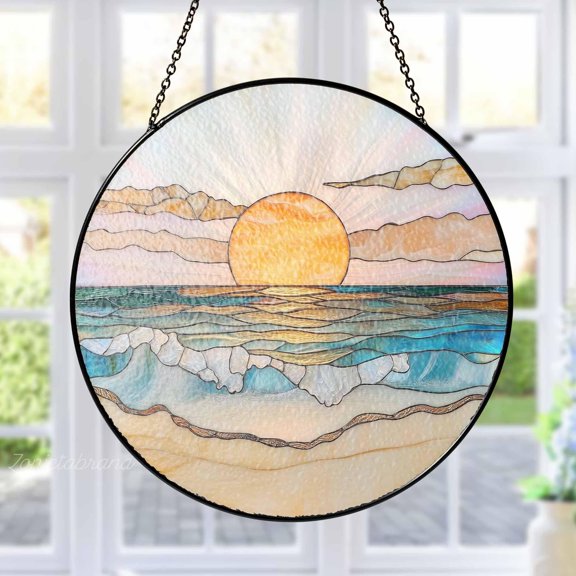 Beach Sunset Stained Glass Suncatcher - Window Hanging Decor,Ocean Coastal Art,Tropical Summer Decoration,Unique Gift Idea,For Home Windows