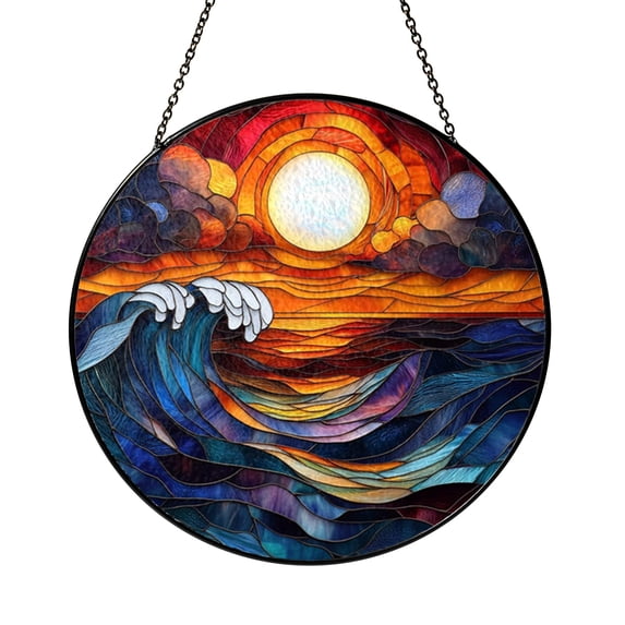 Beach Sunset Stained Glass Suncatcher with Ocean Waves, Colorful Window ...