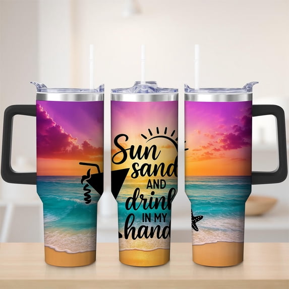 Beach Sunset Stainless Steel Insulated Mug with Lid and Handle, 30oz