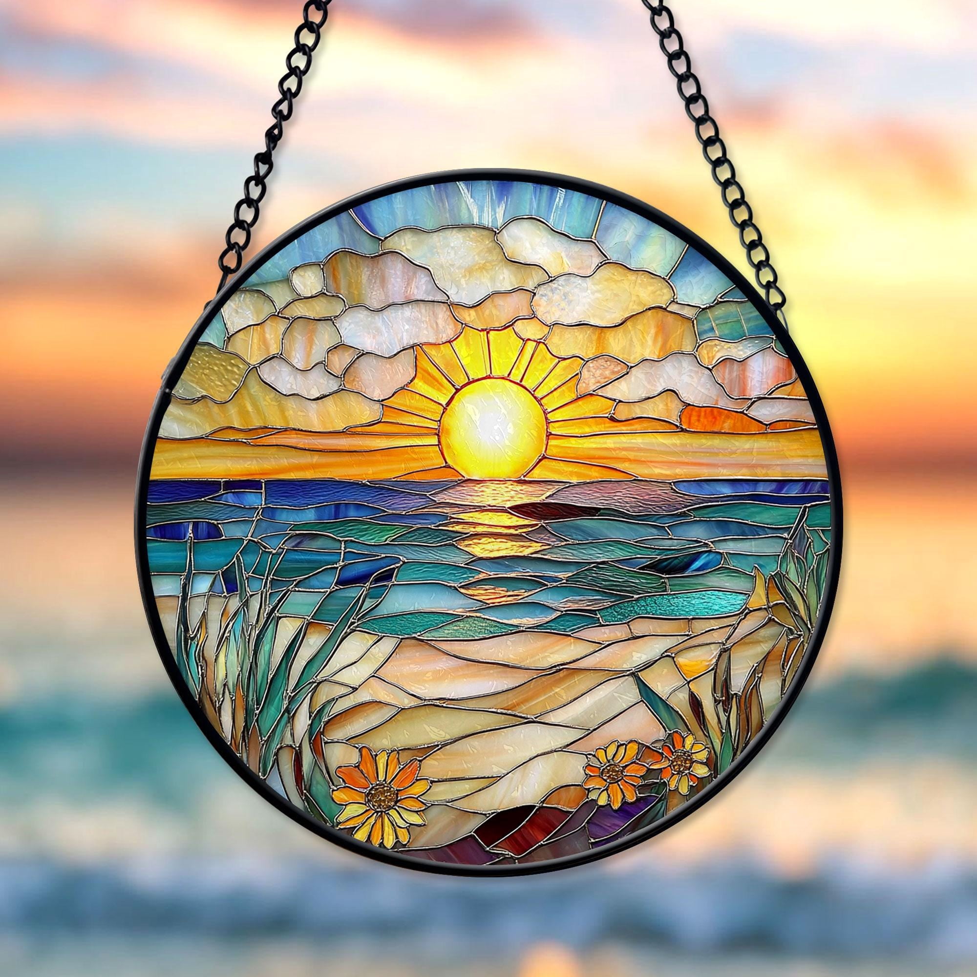 Beach Sunset Suncatcher, Waves On The Beach Faux Stained Glass, Beach Lover Home Decor, Beach Sunrise Suncatcher, Summer Vibes Gift - Walmart.com
