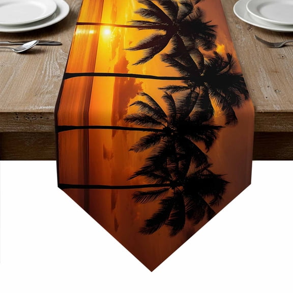 Beach Sunset Table Runner Linen Burlap Table Runner 90 Inches Long Ocean Coconut Orange Coastline Landscape Dresser Scarves for Kitchen Island Coffee Dining Room Party Wedding Holiday Decor 13"x90"