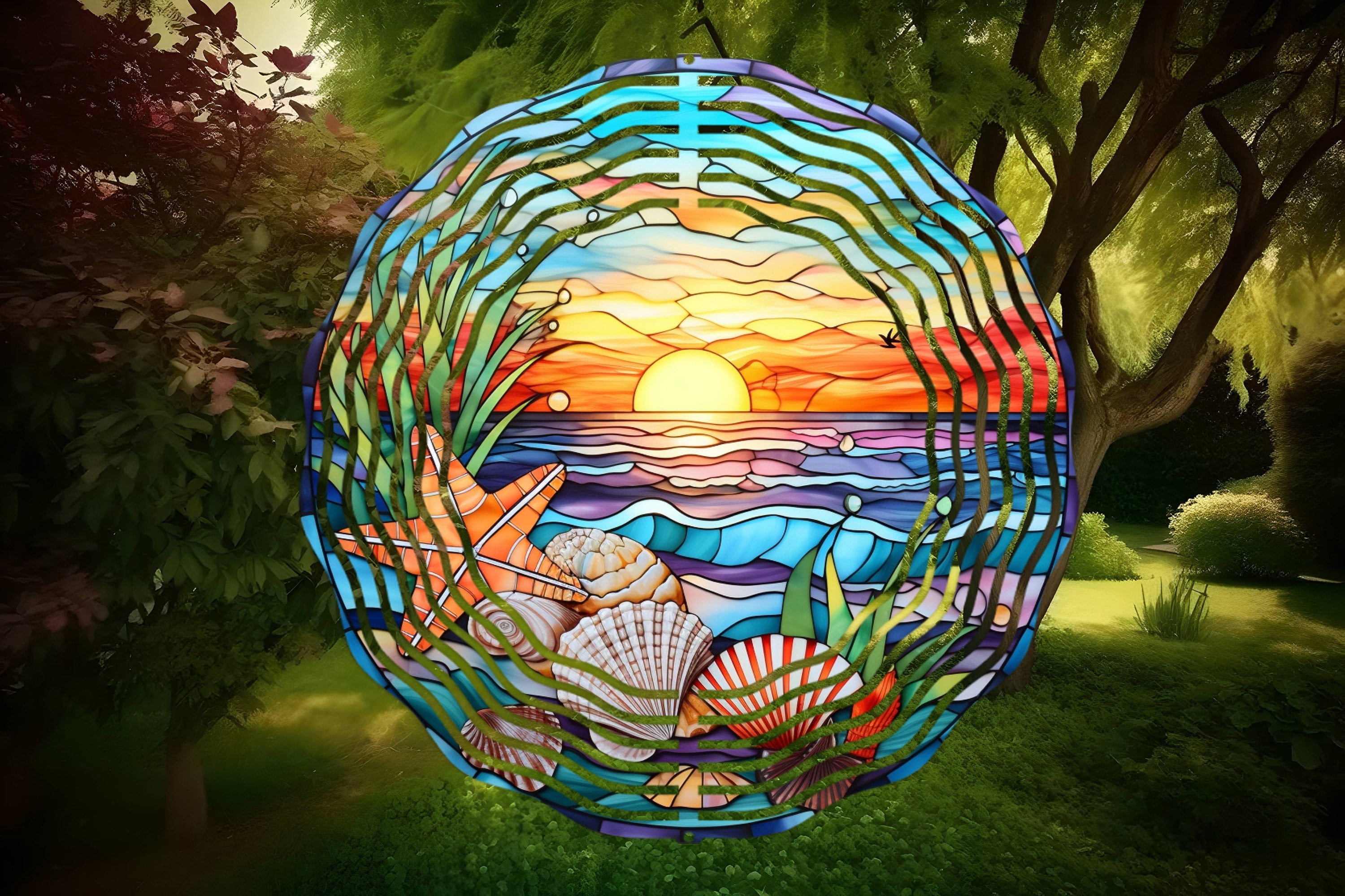 Beach Sunset Tropical Shells Metal Wind Spinner Ocean Garden Decor ...