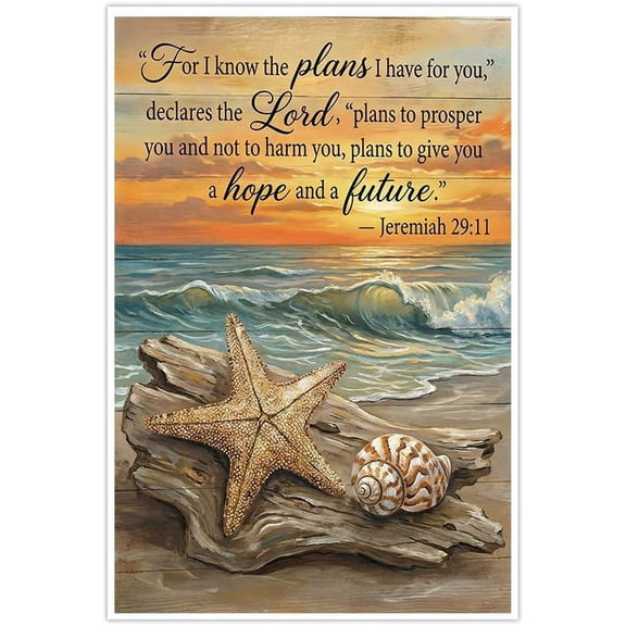 Beach Sunset Wall Art Canvas Prints Featuring Starfish Driftwood Shell and Jeremiah 29_11 Bible Verse,Coastal Decor for Bedroom Living Room