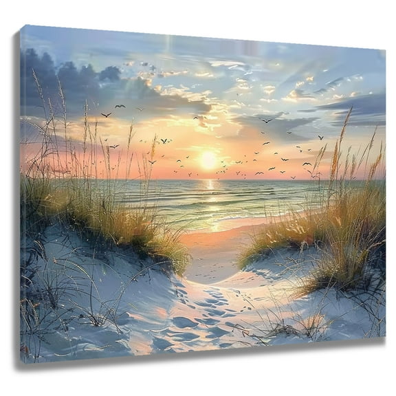 Beach Sunset Wall Art Weed on Sandbeach and Seagulls in Sunset Sky Canvas Wall Art Coastal Nature Landscape Framed Wall Art for Living Room Bedroom Bathroom Home Decor Ready to Hang,12x12 Inches