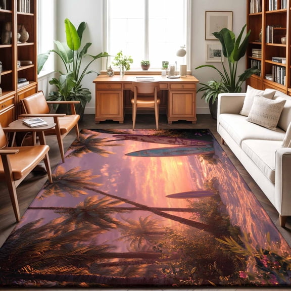 Beach Sunset Washable Area Rug 9 x 12 ft Summer Coconut Trees Tropical Plants Coastal, Soft Non Slip Rugs Stain Repellent Indoor Felt Carpet for Living Dining Room Bedroom Home Office