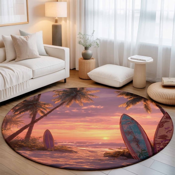 Beach Sunset Washable Round Area Rug 3 ft, Summer Coconut Trees Tropical Plants Coastal, Soft Non Slip Rugs Stain Repellent Indoor Felt Carpet for Living Dining Room Bedroom Home Office