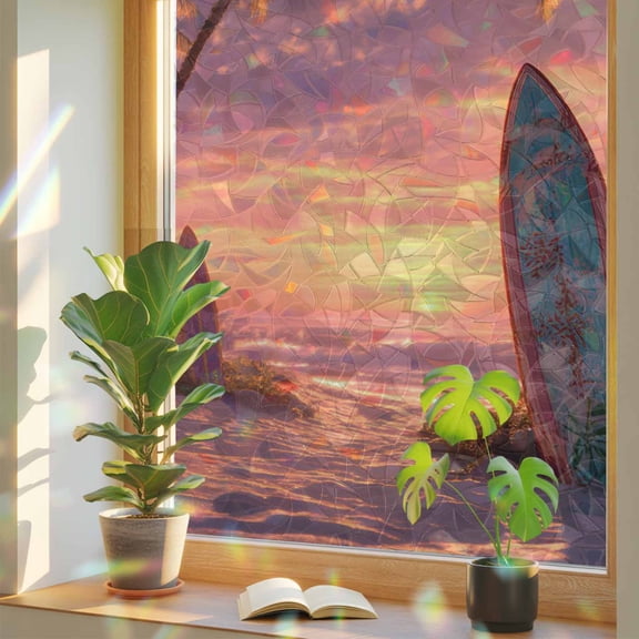 Beach Sunset Window Privacy Film, Summer Coconut Trees Tropical Plants Coastal Stained Glass Rainbow Film Decorative Window Clings, Static Cling Sun Blocking Stickers 17.7" x 39.3"