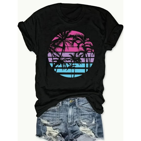 Beach Sunset Womens Casual Graphic Tee Shirt Palm Tree Print Breathable Tops Short Sleeve Crew Neck Black S-5XL
