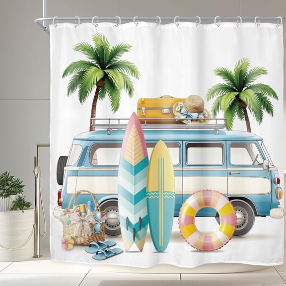 Beach Surf RV Fabric Shower Curtain Set for Bathroom Decor 72Wx72H Inch Coastal Theme Bath Accessories for Men Boys Tropical Palm Trees Pattern Camping Car Bathtub 12 Pack Plastic Hooks