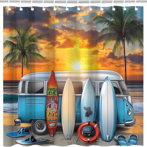 Beach Surf RV Shower Curtain for Bathroom Decor Coastal Sunset Tropical Surfboard Hawaii Palm Tree Camping Car Ocean Sea Art Printed Fabric Polyester Waterproof with Hooks-36"W x 72"L (Pack of 1)