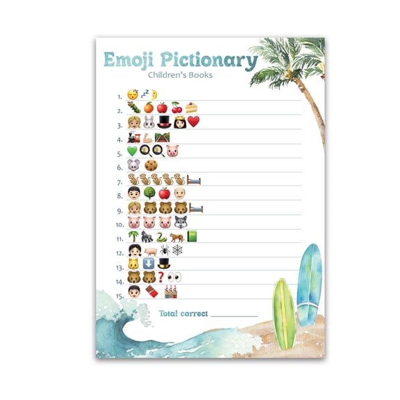 Beach Surf Theme Emoticons Baby Shower Game  Pack of 25  Pictionary Children's Books Baby Shower Games, Summer Ocean Surfing Games, Gender Reveal Party Couples Shower Gender Neutral G940-EMJ