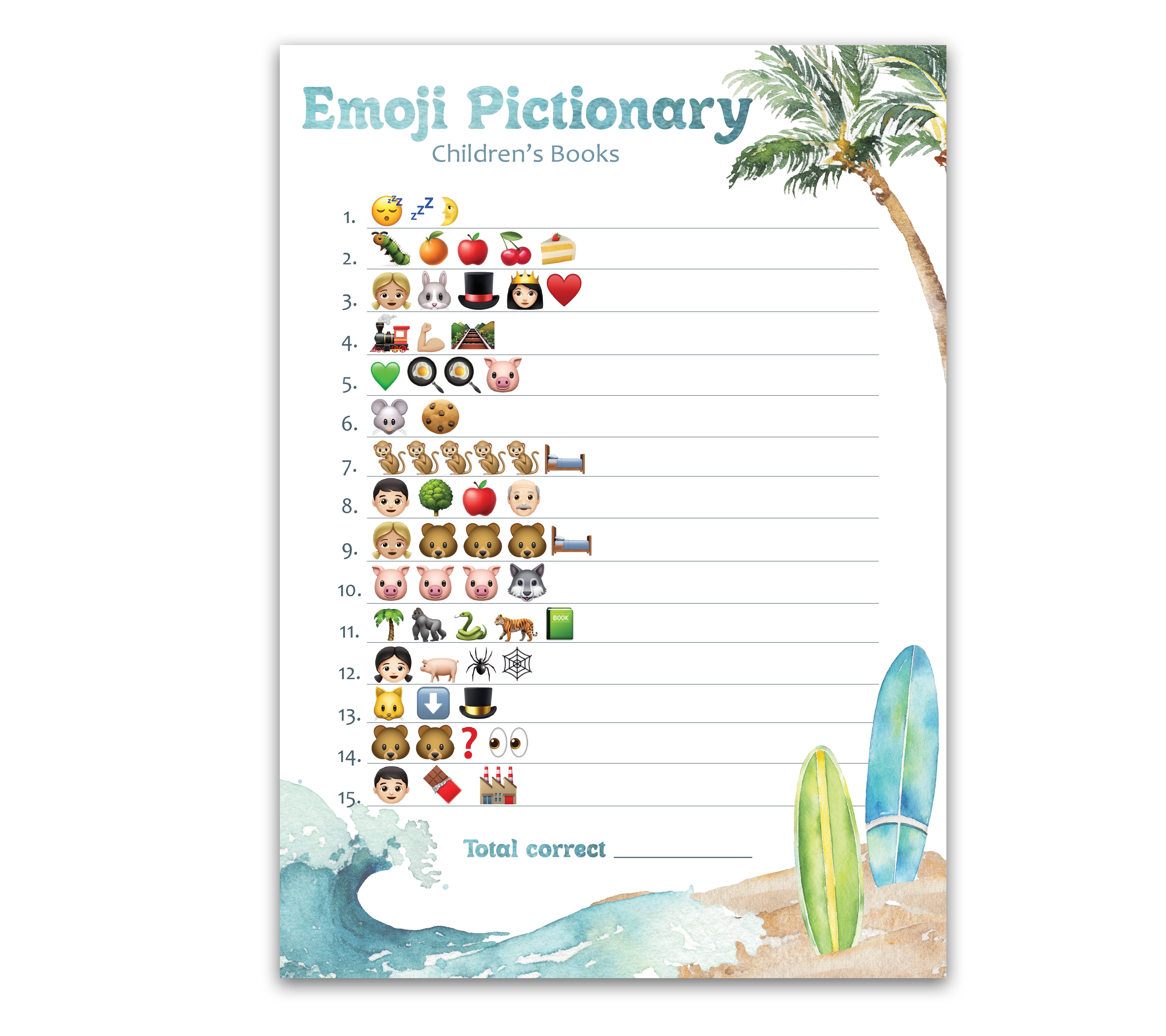Beach Surf Theme Emoticons Baby Shower Game Pack of 25 Pictionary Children's Books Baby Shower Games, Summer Ocean Surfing Games, Gender Reveal Party Couples Shower Gender Neutral G940-EMJ