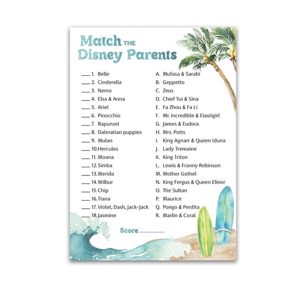 Beach Surf Theme Match Cartoon Parents Baby Shower Games  Pack of 25  Summer Blue Ocean Surfing Games, Match Famous Cartoon Parents Fun Co-ed Baby Shower Activity, Star Kids Match Game G940-DPM