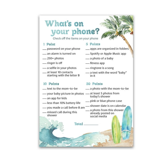 Beach Surf Theme  WHAT'S ON YOUR PHONE Baby Shower Game  Pack of 25  Summer Ocean Surfing Baby Shower Games, Gender Neutral Baby on Board Shower Activity, Couples Shower Co-ed Shower Coed G940-PHN