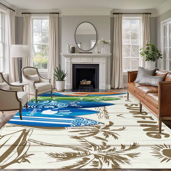 Beach Surfboard Area Rugs 6'x9', Washable Small Throw Rugs for Kitchen Dining room, Summer Sea Surfing Tropical Botanical Tree Indoor Outdoor Rug Non-Slip Low Pile Carpet Runner Reversible Floor Mats