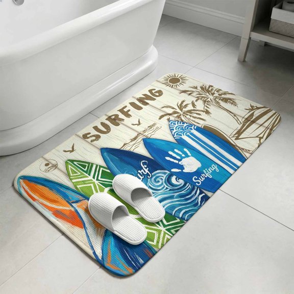 Beach Surfboard Bathroom Rugs Non Slip Washable Bath Mat Absorbent Front Door Mat Summer Sea Surfing Tropical Botanical Tree Indoor Doormat for Kitchen Entryway Shower Decor Accessories 15.7"x23.6"