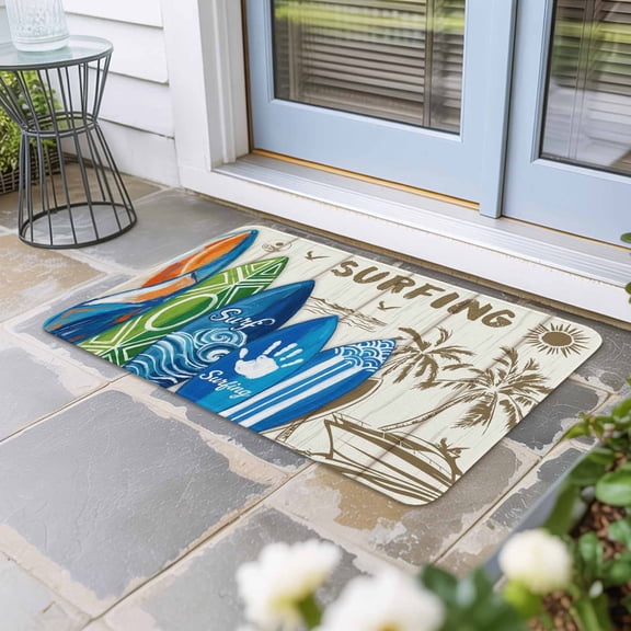 Beach Surfboard Door Mat Indoor Outdoor,Summer Sea Surfing Tropical Botanical Tree Non Slip Welcome Mat with Rubber Backing,Absorbent Front Door Mats Entryway Rug for Home Patio Entrance 16"x24"