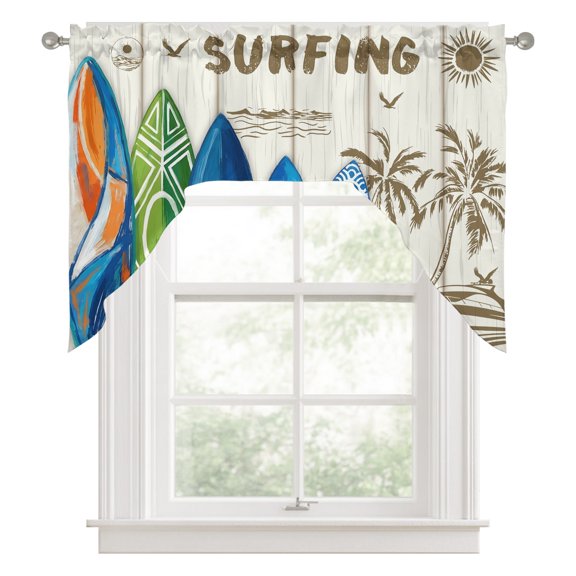 Beach Surfboard Kitchen Curtains Swag Valance for Windows/Bathroom/Cafe, Summer Sea Surfing Tropical Botanical Tree Rod Pocket Drape Panel Swag Curtains Valance for Bedroom/Living Room 56"x36"