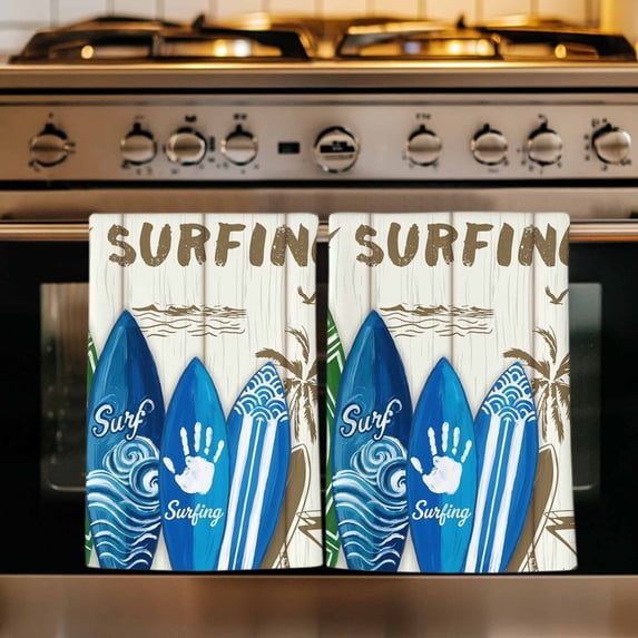 Beach Surfboard Kitchen Towels Set of 3, Summer Sea Surfing Tropical Botanical Tree Absorbent Dish Towels for Kitchen, Microfiber Hand Towel, Quick Drying Tea Towel for Cleaning Decorative Dishcloths
