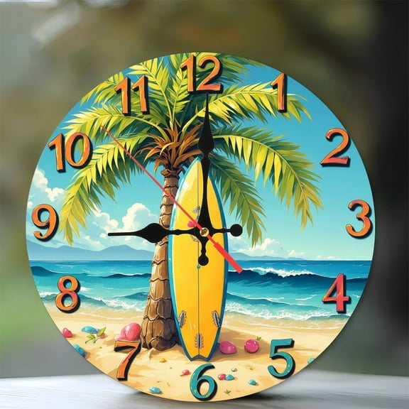 Beach Surfboard Palm Tree Wall Clock Summer Decor 10-Inch Silent Wooden Wall Clock, Battery Operated (AA Batteries Not Included), Artistic Home Decor