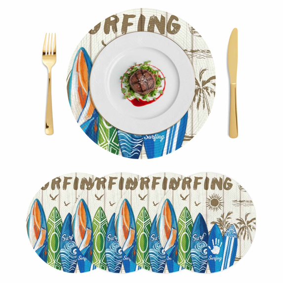 Beach Surfboard Round 15 Inch Placemats Set of 4, Summer Sea Surfing Tropical Botanical Tree HeatResistant Non Slip Place Mats for Dining Table, Wipeable Braided Kitchen Table Mats for Housewarming