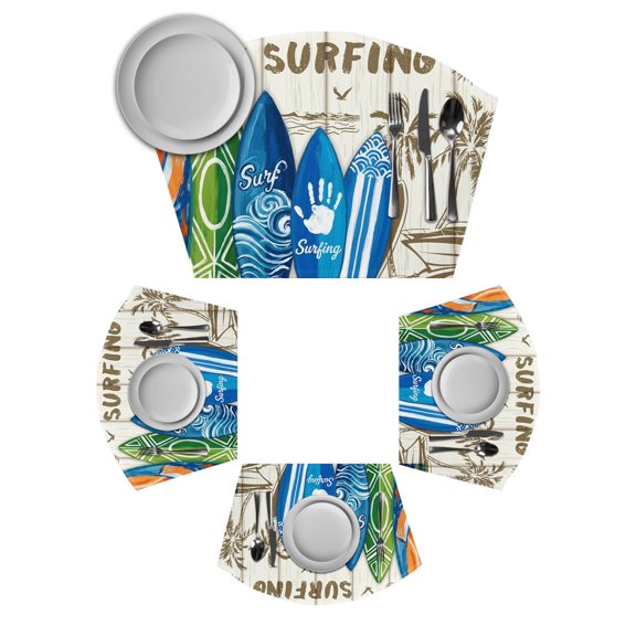 Beach Surfboard Round Table Placemats Set of 2 Wedge Placemats, Summer Sea Surfing Tropical Botanical Tree Place Mats for Dining Table Set Washable Mats Kitchen Decor for Indoor Outdoor Wipe Clean