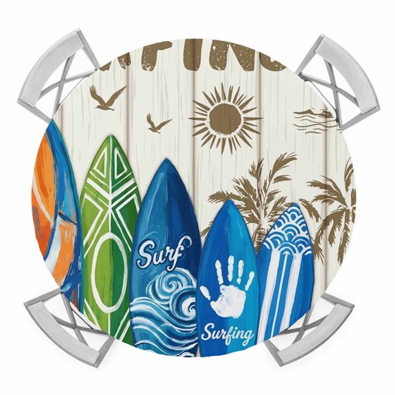 Beach Surfboard Round Tablecloth for 55-60 Inch Tables,Fitted Table Cover with Elastic Edge,Summer Sea Surfing Tropical Botanical Tree Waterproof Outdoor Table Cloth Protector for Patio Garden Dinner