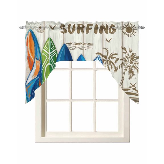 Beach Surfboard Swag Curtains for Kitchen Summer Sea Surfing Tropical Botanical Tree Valances for Windows Rod Pocket Small Window Treatment Short Topper for Cafe Bedroom Living Room 56x36 Inch