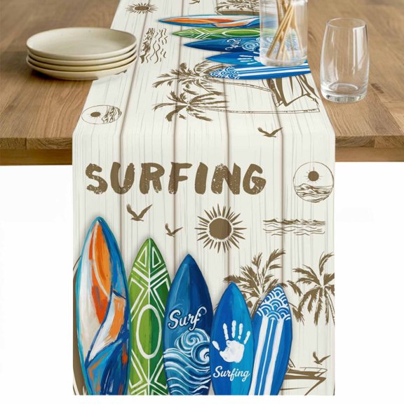 Beach Surfboard Table Runner - 36 Inch Long Summer Sea Surfing Tropical Botanical Tree Cotton and Linen Blended Dress Scarves Farmhouse Table Runner for Kitchen Dining, Coffee Table, 13" x 36"