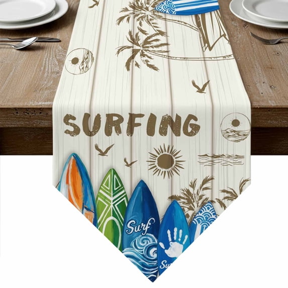 Beach Surfboard Table Runner Linen Burlap Table Runner 70 Inches Long Summer Sea Surfing Tropical Botanical Tree Dresser Scarves for Kitchen Island Coffee Dining Room Party Holiday Decor 13"x70"