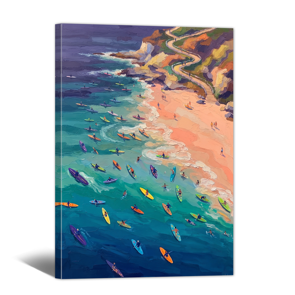 Beach Surfing Canvas Wall Art Orange Pink Coast and Surfers Picture Print, Overlooking Scene Summer Artwork Modern Paintings for Living Room Bedroom Home Office Decor