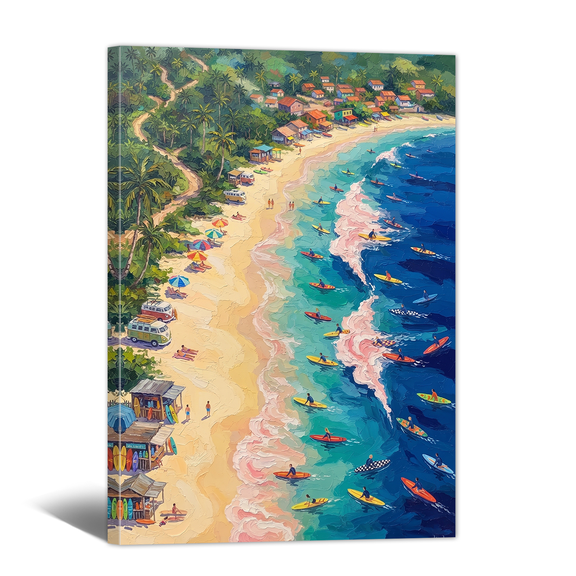 Beach Surfing Canvas Wall Art Orange Pink Coast and Surfers Picture Print, Overlooking Scene Summer Artwork Modern Paintings for Living Room Bedroom Home Office Decor