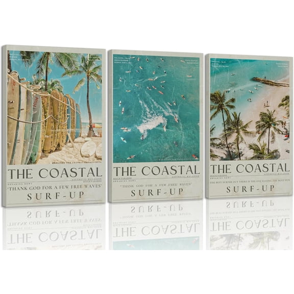 Beach Surfing Canvas Wall Art Retro Newspaper Beaches Surfboard Painting Picture Wall Decor Summer Coastal Granddaughter Room Preppy Surf Up Poster Print Artwork for Dorm Bedroom Apartment Home Decor