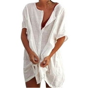 Beach Swimsuit Cover-Ups Women Cotton Cover Up Swimwear Casual Short Sleeve Long Blouse Solid Color Beach Dress(White,XL)