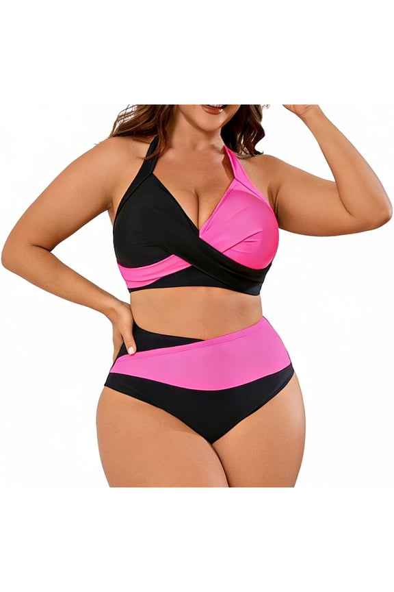 Beach Swimsuits Womens Plus Size Halter Bathing Suits Color Block Twist Front Bikini Two Piece Swimwear(Hot Pink L)