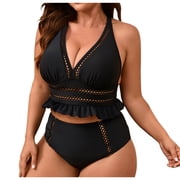 Beach Swimsuits Womens Plus Size Hollow-Out Bathing Suits Ruffle Trim Cross Back Cheeky Bikini SwimwearBlack 2XL