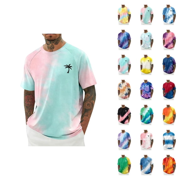 Beach T Shirts for Men 2026 Summer Casual Short Sleeve Crewneck Coconut Tree Print Tie Dye Tee Shirt Vacation Shirt