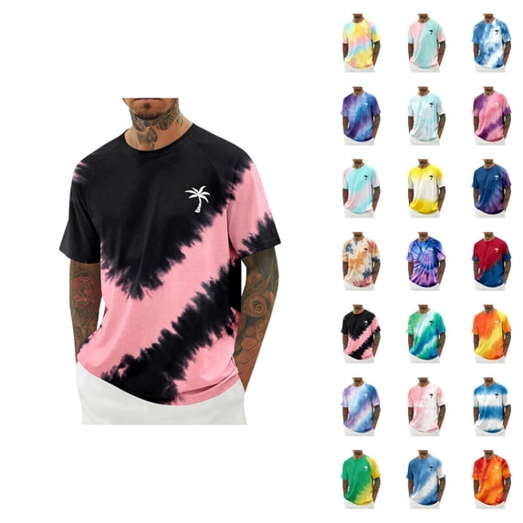 Beach T Shirts for Men 2026 Summer Casual Short Sleeve Crewneck Coconut Tree Print Tie Dye Tee Shirt Vacation Shirt