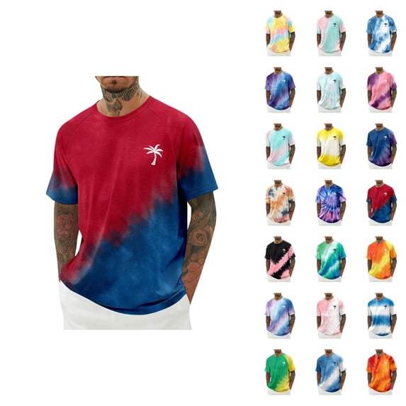 Beach T Shirts for Men 2026 Summer Casual Short Sleeve Crewneck Coconut Tree Print Tie Dye Tee Shirt Vacation Shirt