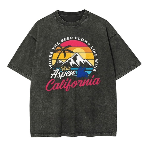 Beach T-shirt Vintage Washed Cotton Printed Casual Short-sleeved Unisex Oversized Summer T-shirt