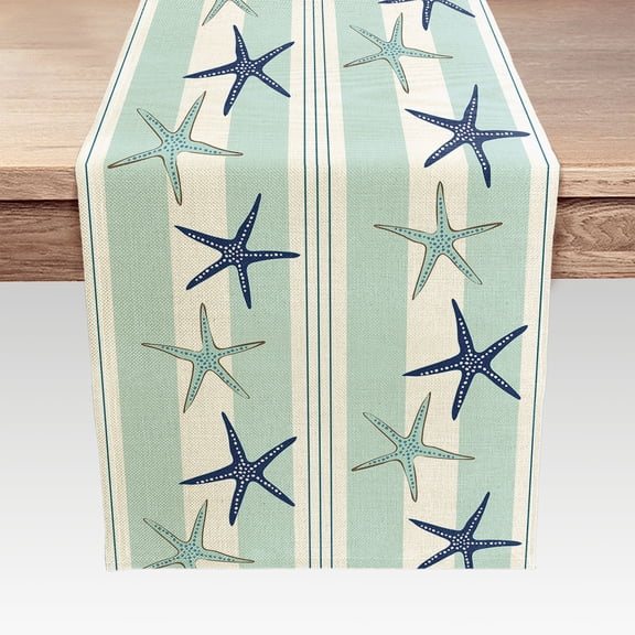 Beach Table Runner, Summer Blue Starfish Table Runner, Coastal Nautical Turquoise Stripe Ocean Stars Linen Dining Table Runner for Everyday Use, Your Dining, Coffee, Party Tables for Holiday 13X72in
