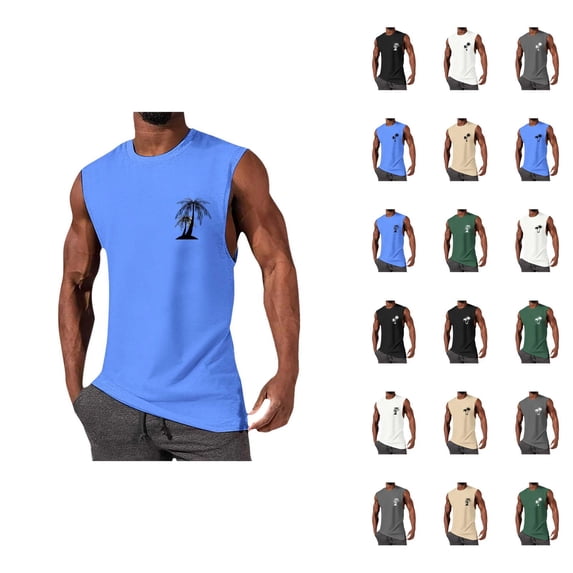 Beach Tank Top Men Lightweight Breathable Coconut Tree Graphic Crewneck Sleeveless Shirt Casual Vacation Outfits