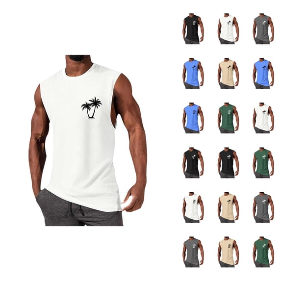 Beach Tank Top Men Lightweight Breathable Coconut Tree Graphic Crewneck Sleeveless Shirt Casual Vacation Outfits