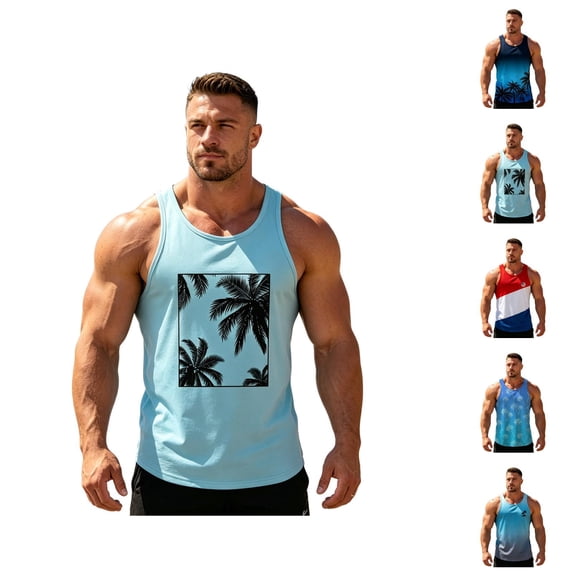 Beach Tank Tops for Men Coconut Tree Graphic Hawaii Tropical Vacation Casual Crewneck Sleeveless Shirt