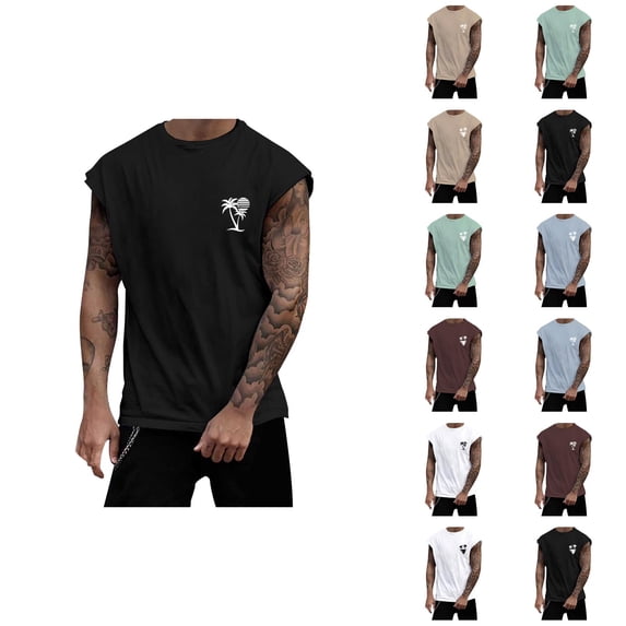 Beach Tank Tops for Men Coconut Tree Print Crewneck Sleeveless Shirt Hawaii Tropical Vacation Mens Tanks