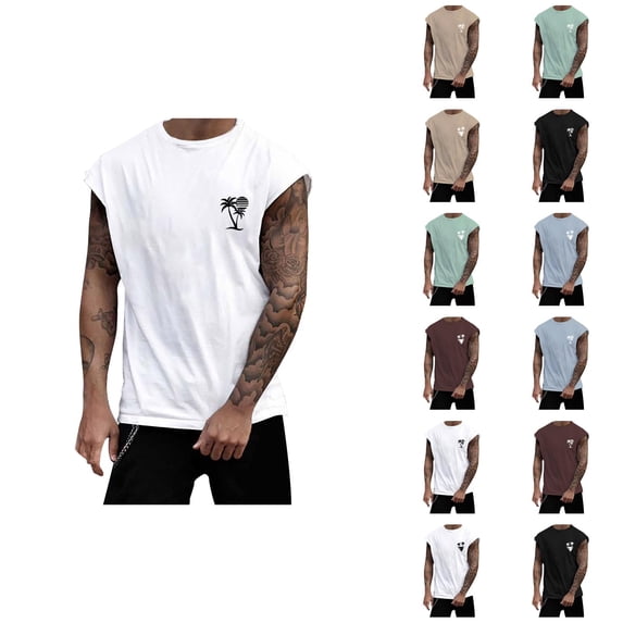 Beach Tank Tops for Men Coconut Tree Print Crewneck Sleeveless Shirt Hawaii Tropical Vacation Mens Tanks